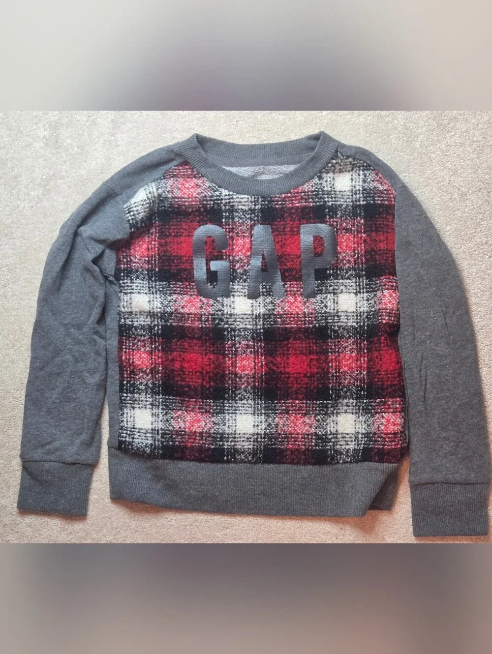 GAP Red Black Plaid Crewneck with Gray Sleeves